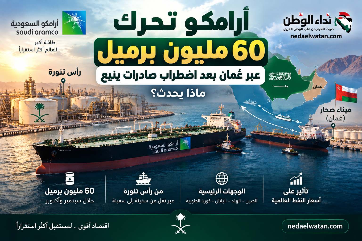 أرامكو تحرك 60 مليون برميل عبر عُمان بعد اضطراب صادرات ينبع
