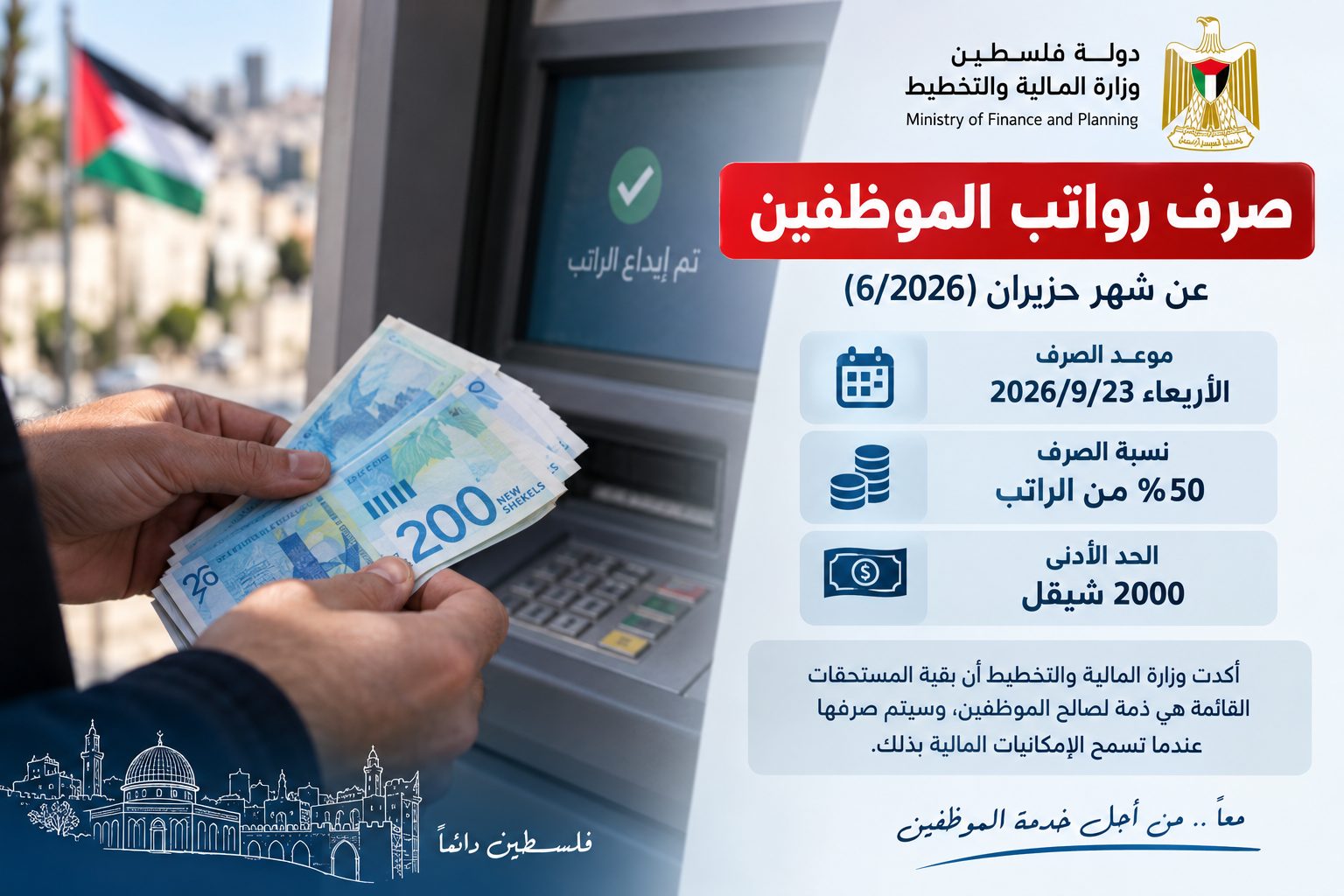 صرف 50% من راتب حزيران للموظفين بحد أدنى 2000 شيقل