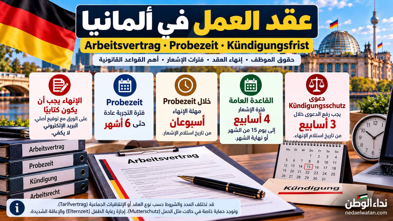 عقد العمل في ألمانيا: Probezeit وKündigungsfrist وحقوق الموظف عند الفصل