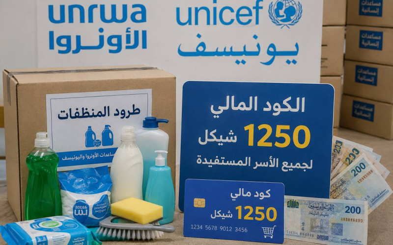 توزيع مساعدات الأنروا واليونسيف: تفاصيل طرود المنظفات والكود المالي 1250 شيكل لجميع الأسر