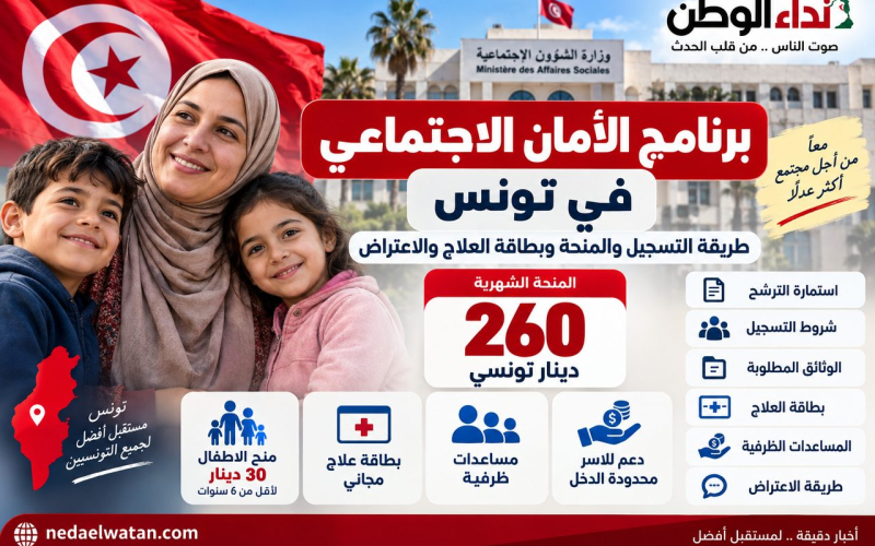 برنامج الأمان الاجتماعي في تونس: طريقة التسجيل ومنحة 260 دينار وبطاقة العلاج والاعتراض