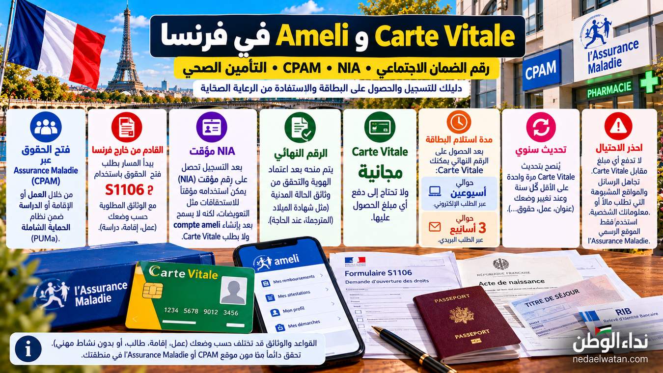 Carte Vitale وAmeli في فرنسا: كيف تحصل على رقم الضمان الاجتماعي وتسجل في التأمين الصحي؟