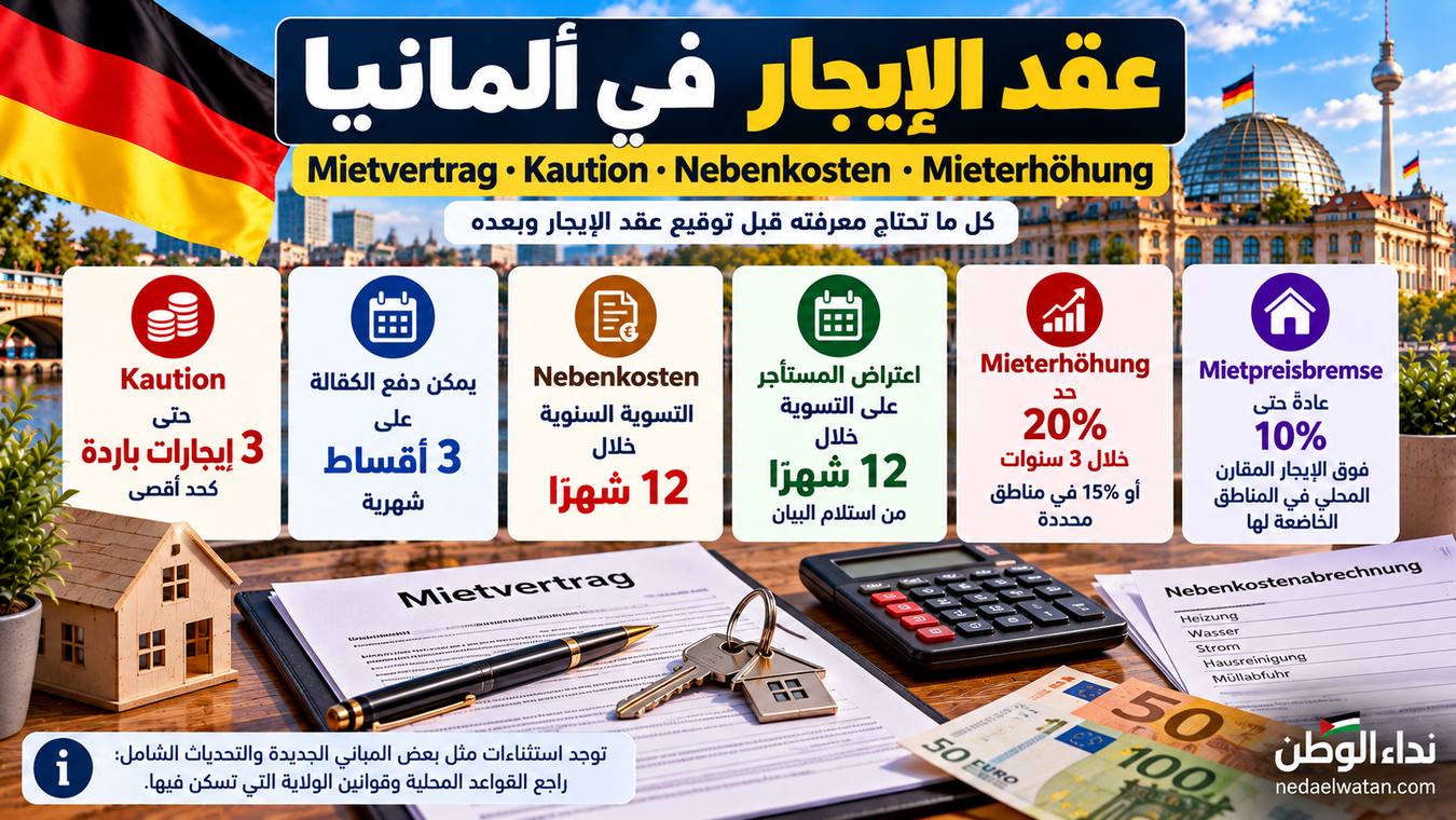 عقد الإيجار في ألمانيا: Kaution وNebenkosten وزيادة الإيجار وحقوق المستأجر