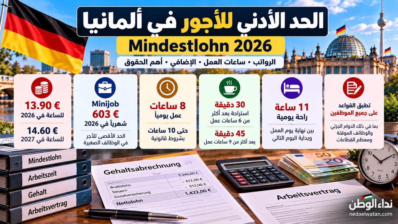 الحد الأدنى للأجور في ألمانيا 2026: 13.90 يورو وساعات العمل والإضافي وحقوق الموظف