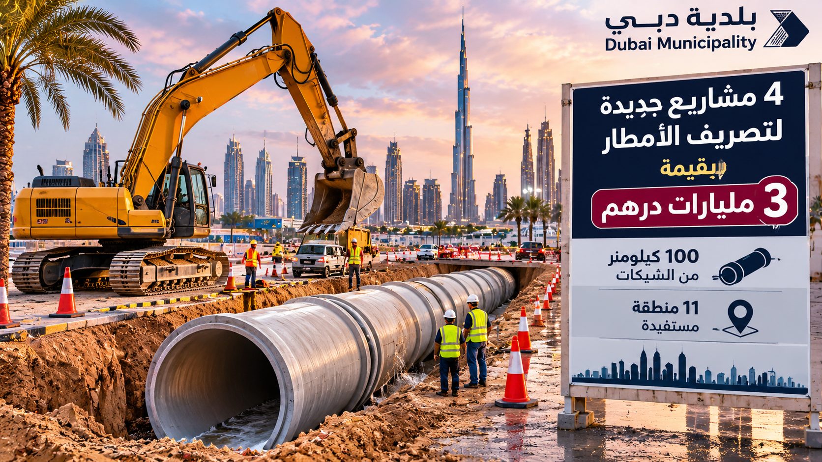 دبي تعتمد 4 مشاريع جديدة بـ3 مليارات درهم لتصريف الأمطار.. 100 كيلومتر من الشبكات تشمل 11 منطقة