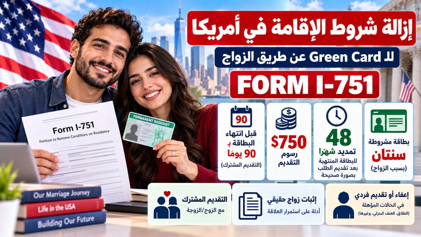 إزالة شروط Green Card بالزواج I-751: التقديم المشترك والطلاق والإعفاء